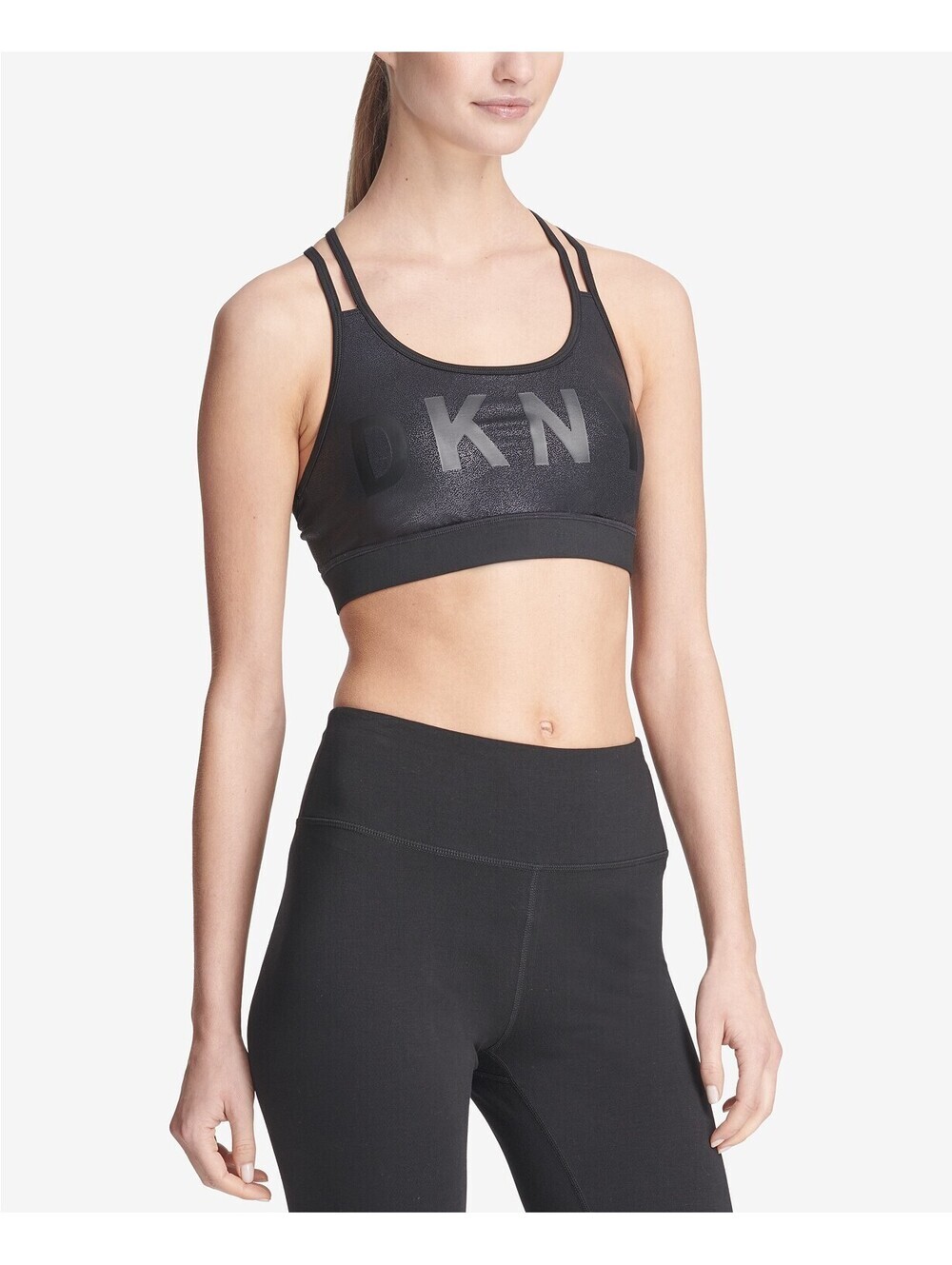 DKNY Womens Activewear Sport Logo Glitter Strappy Back Low Impact Sports Bra XL